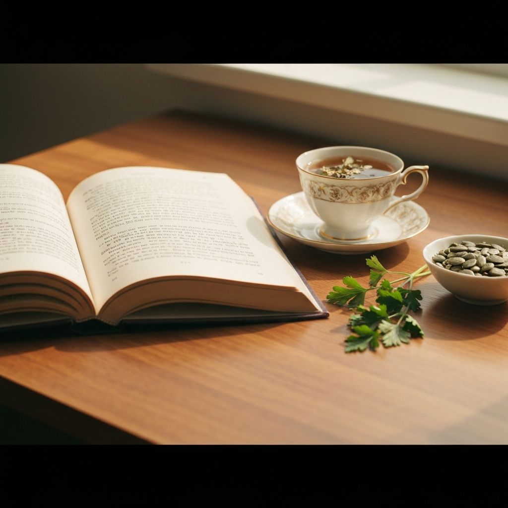 An open book beside a cup of herbal tea, fresh herbs, and seeds on a wooden desk in soft morning light