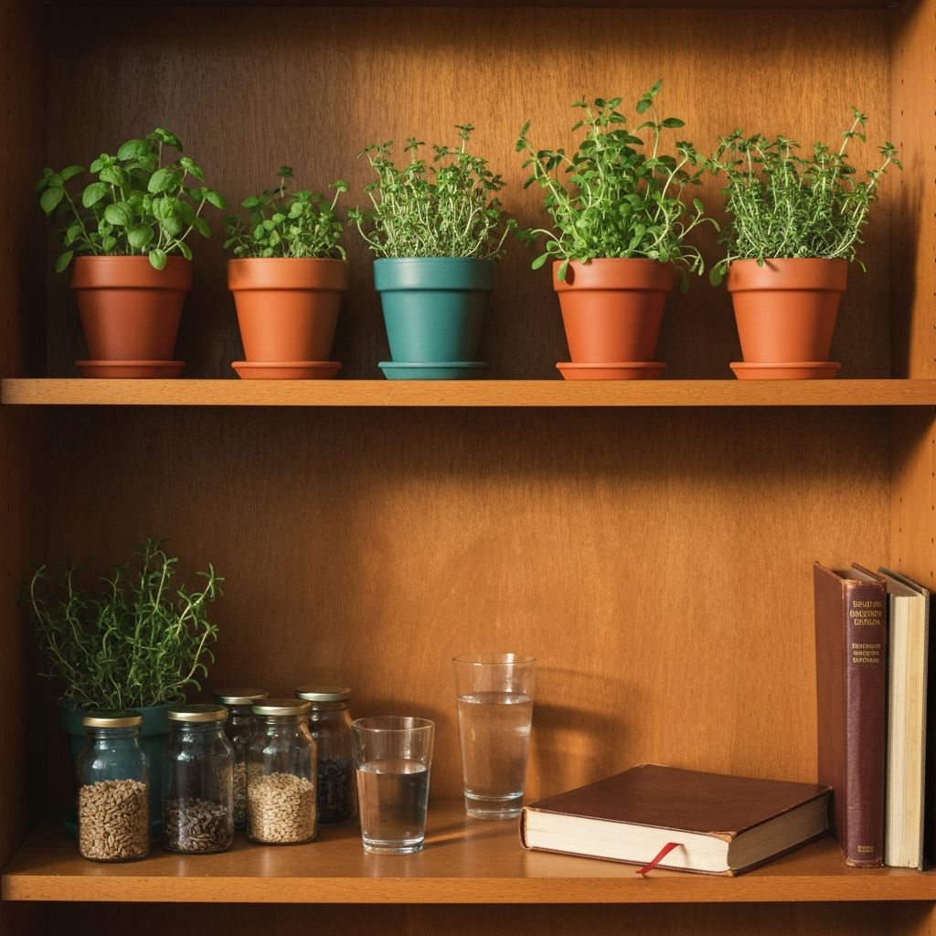 A wooden shelf with herbal plants, jars of seeds, a glass of water and a nutrition book in a warm institutional setting